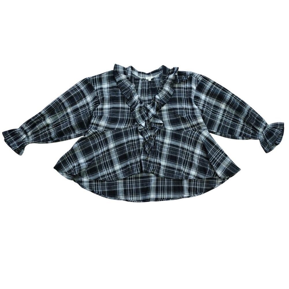 Pilcro Womens Black White Plaid Ruffle Button Front Blouse Size 1X.
